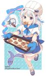  1girl baking baking_sheet bite_mark bloop_(gawr_gura) blue_eyes blue_hair bubble chef_hat chef_uniform cookie dress fish_skeleton fish_tail food gawr_gura gloves happy_valentine hat highres hololive hololive_english holomyth medium_hair multicolored_hair nichaku oven_mitts ribbon rolling_pin school_uniform shark_girl shark_tail silver_hair stitches tail toque_blanche tray two_side_up valentine 