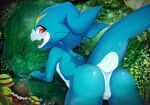  2020 backsack balls blue_body blush butt candy chocolate chocolate_egg dessert detailed_background digimon digimon_(species) egg fangs featureless_ass feet food genitals grass hi_res looking_back male nioru nude open_mouth outside perineum plant rear_view red_eyes scalie solo toes tree veemon young 
