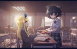  2girls 3others bandaid bandaid_on_hand blind blind_girl_(popopoka) blonde_hair blue_eyes blush book bow bowtie box bully_girl_(popopoka) chair classroom collared_shirt desk ear_blush english_commentary flying_sweatdrops freckles from_side gift gift_box giving grey_eyes highres long_hair looking_at_another looking_away multiple_girls multiple_others nervous original popopoka school_uniform shirt sitting sweat valentine yellow_bow yuri 