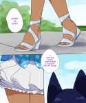  animal_humanoid blue_hair cat_humanoid clothed clothing dark_body dark_skin dress english_text felid felid_humanoid feline feline_humanoid female footwear hair hi_res humanoid lightsource male_(lore) mammal mammal_humanoid murasaki_(lightsource) outside shoes text 