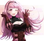  1girl ;d black_hairband breasts cleavage cleavage_cutout clothing_cutout dated detached_sleeves fire_emblem fire_emblem:_three_houses floating_hair gloves hairband hand_in_hair happy_birthday highres hilda_valentine_goneril long_hair looking_at_viewer medium_breasts one_eye_closed open_mouth pink_eyes pink_hair pink_sleeves red_gloves shinae shiny shiny_hair smile solo striped_sleeves upper_body very_long_hair 