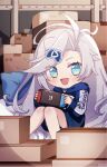  1girl artist_request blue_eyes blue_hoodie box cardboard_box chibi copyright_name english_commentary handheld_game_console holding holding_handheld_game_console hood hoodie logo looking nintendo_switch obake_pam open_mouth pillow playasia print_sleeves second-party_source silver_hair sitting smile solo virtual_youtuber 
