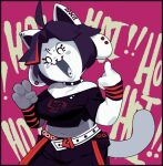  anthro belt breasts canid canine clothed clothing collar ear_piercing empty_eyes felid feline female gesture hair laugh mammal mangneto middle_finger midriff piercing punk solo spiked_collar spikes tem temmie_(undertale) tongue tongue_piercing topwear undertale video_games white_body 