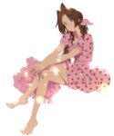  1girl aerith_gainsborough backlighting bare_legs barefoot bow braid braided_ponytail brown_hair dress error final_fantasy final_fantasy_vii food_print goku-chan green_eyes hair_bow highres light_particles parted_lips pink_dress sitting solo strawberry_print white_background wrong_feet 