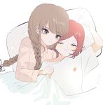  2girls bangs blanket blush_stickers braid brown_hair chabashira_tenko closed_eyes closed_mouth collared_shirt danganronpa_(series) danganronpa_v3:_killing_harmony highres kkonmeo long_hair long_sleeves mole mole_under_mouth multiple_girls pillow red_hair shiny shiny_hair shirt sleeping smile striped upper_body white_shirt yumeno_himiko yuri 