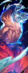  1boy abs arm_up attack aura blurry blurry_foreground covered_face dark_background darkness depth_of_field dragon_ball dragon_ball_super energy_ball feet_out_of_frame fighting_stance glowing glowing_eyes grey_eyes grey_hair light_particles looking_at_viewer male_focus muscular ommmyoh orange_pants pants pectorals shirt shirtless son_goku spiked_hair torn_clothes torn_shirt ultra_instinct veins wide-eyed wristband 