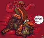  anthro bed bow_(disambiguation) collar crocodilian dialogue furniture grizzledcroc laid_down male nude overweight overweight_anthro overweight_male reptile ribbons scalie slightly_chubby smile solo thick_tail thick_thighs tongue 