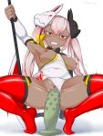  1girl absurdres axe blade_ride breasts breasts_outside clenched_teeth dark_skin dark_skinned_female dildo dildo_riding fire_emblem fire_emblem_heroes highres holding holding_axe laevatein_(fire_emblem) long_hair mask mask_on_head masturbation ninja nipples pink_hair red_eyes red_legwear sex_toy solo spread_legs squatting teeth thighhighs twintails twitter_username 