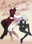  1boy andou_ruruka bangs black_footwear black_jacket black_legwear black_pants black_skirt blonde_hair blue_eyes boots closed_eyes coat collared_shirt commentary_request danganronpa_(series) danganronpa_3_(anime) dress_shirt fur-trimmed_jacket fur_trim gloves grey_hair hair_over_one_eye hat holding_hands invisible_chair izayoi_sounosuke jacket kimura_seiko mask medium_hair mouth_mask multiple_girls open_mouth pants pantyhose pencil_skirt pink_hair scarf shimada_(dmisx) shirt shoes short_hair shorts sitting skirt smile striped striped_background thighhighs white_legwear white_shirt yellow_shorts 