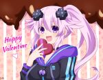  1girl adult_neptune bangs black_hoodie box breasts choker cleavage d-pad d-pad_hair_ornament english_commentary eyebrows_visible_through_hair gift gift_box hair_between_eyes hair_ornament heart-shaped_box highres holding holding_gift hood hoodie lewdkuma long_hair looking_at_viewer neptune_(series) open_mouth purple_eyes purple_hair side_ponytail sidelocks signature solo valentine 