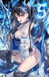  1girl artoria_pendragon_(all) artoria_pendragon_(lancer_alter)_(fate) bangs bare_shoulders black_gloves black_hair black_legwear blue_ribbon blush bracelet breasts chain choker cleavage collarbone covered_nipples earrings fate/grand_order fate_(series) fur_trim gloves hair_ribbon hand_on_own_face hand_up highres holding ishtar_(fate) ishtar_(fate)_(all) jewelry kousaki_rui lingerie long_hair looking_at_viewer medium_breasts necklace number open_mouth panties red_eyes ribbon see-through sideboob signature smile solo thighhighs thighs two_side_up underwear very_long_hair white_panties 