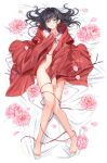  1girl bangs black_hair blue_eyes blush borrowed_garments covering covering_breasts covering_crotch flower full_body hair_between_eyes highres higurashi_kagome inuyasha japanese_clothes jewelry kimono looking_at_viewer lying motobi_(mtb_umk) necklace nude on_back on_bed petals solo 