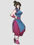  1girl baggy_pants bangs bare_arms bare_shoulders black_hair blue_dress blunt_bangs breasts chi-chi_(dragon_ball) china_dress chinese_clothes closed_mouth contrapposto dragon_ball dragon_ball_(classic) dragon_ball_z dress eyebrows_visible_through_hair framed_breasts full_body grey_background hair_bun hand_on_hip head_tilt high_collar kemachiku looking_at_viewer medium_breasts pants pink_footwear pink_pants shiny shiny_hair shiny_skin side_slit sidelocks simple_background smile solo standing standing_on_one_leg wristband 