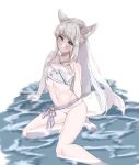  1girl animal_ear_fluff animal_ears arknights bikini blush breasts bright_pupils collarbone highres horse_ears horse_girl long_hair looking_at_viewer navel platinum_(arknights) platinum_(shimmering_dew)_(arknights) sitting small_breasts swimsuit tail thighs white_background white_hair white_pupils yuki_nko64 