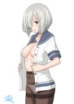  1girl artist_name black_legwear blue_eyes blue_sailor_collar breasts cowboy_shot hair_ornament hair_over_one_eye hairclip hamakaze_(kancolle) highres kantai_collection large_breasts looking_at_viewer no_bra open_clothes panties panties_under_pantyhose pantyhose sailor_collar sailor_shirt school_uniform serafuku shirt short_hair silver_hair simple_background solo t2r thighband_pantyhose underwear white_background white_panties 