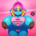  1:1 adelia_(changbae) big_breasts breasts candy chocolate clothed clothing dessert female food goblin holidays huge_breasts humanoid hyper hyper_breasts not_furry panties short_stack solo topless underwear valentine&#039;s_day volamont 