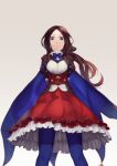 1girl arms_behind_back blue_eyes blue_legwear brown_background brown_hair cape commentary_request dress fate/grand_order fate_(series) frilled_dress frills highres leonardo_da_vinci_(fate) leonardo_da_vinci_(rider)_(fate) long_hair mori_yashiro_(konkon_oyashiro) pantyhose puff_and_slash_sleeves puffy_sleeves red_dress simple_background smile solo 