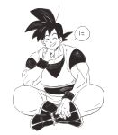  1boy ^_^ amepati ankle_boots baggy_pants belt black_belt black_footwear black_hair boots clenched_hand clenched_teeth closed_eyes dougi dragon_ball dragon_ball_z elbow_on_knee elbow_rest facing_viewer fingernails full_body grin hand_on_own_leg happy head_rest highres indian_style male_focus monochrome muscular pants pectorals simple_background sitting smile son_goku speech_bubble spiked_hair teeth translation_request white_background wristband 