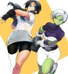  2girls armor bare_legs belt bike_shorts black_belt black_gloves black_hair black_sports_bra blue_eyes bodysuit boots breasts cheelai clenched_teeth closed_mouth collarbone colored_skin dragon_ball dragon_ball_super dragon_ball_super_broly dragon_ball_z dutch_angle facing_viewer fanny_pack feet_out_of_frame feet_up fingerless_gloves floating_hair gloves green_skin grin looking_at_another looking_to_the_side medium_breasts multiple_girls ommmyoh orange_background outstretched_hand partially_colored pink_eyes purple_bodysuit see-through shiny shiny_hair shirt short_hair short_sleeves simple_background skindentation smile sports_bra square teeth thick_thighs thigh_gap thighs tight time_paradox twintails very_short_hair videl white_background white_footwear white_gloves white_hair white_shirt 
