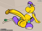  absurd_res anthro balls big_balls big_penis clothing digital_media_(artwork) erection fingers footwear genitals hat headgear headwear hi_res humanoid_genitalia humanoid_penis koopa looking_at_viewer male mario_bros nintendo on_the_ground penis plantigrade purple_clothing purple_footwear purple_hat purple_headwear purple_shoes scalie shoes simple_background skateboard solo spaca text video_games 