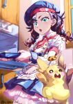  1girl apron black_hair braid cookie dress earrings food gen_8_pokemon gloves hair_ribbon hair_tie highres jewelry kitchen komame_(st_beans) marnie_(pokemon) morpeko pokemon pokemon_(game) pokemon_swsh ribbon tied_hair twin_braids 