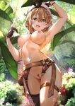  armpits atelier_(series) atelier_ryza atelier_ryza_2 belt braid breasts brown_belt brown_eyes brown_gloves brown_hair cowboy_shot day flower forest gloves hair_ornament large_breasts leather leather_belt leather_gloves nature navel nipples nude pubic_hair pussy reisalin_stout short_hair sydus thick_thighs thigh_strap thighs white_headwear 