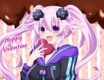  1girl adult_neptune bangs black_hoodie box breasts choker cleavage d-pad d-pad_hair_ornament eyebrows_visible_through_hair gift gift_box hair_between_eyes hair_ornament heart-shaped_box highres holding holding_gift hood hoodie lewdkuma long_hair looking_at_viewer neptune_(series) open_mouth purple_eyes purple_hair sidelocks signature solo twintails valentine 