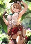  armpits atelier_(series) atelier_ryza atelier_ryza_2 belt braid breasts brown_belt brown_gloves brown_hair cowboy_shot day flower forest gloves hair_ornament large_breasts leather_belt nature red_shorts reisalin_stout shirt short_hair short_shorts shorts single_thighhigh sleeveless sleeveless_shirt sydus thick_thighs thigh_strap thighhighs thighs white_headwear 