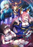  3girls animal_ear_fluff animal_ears aqua_hair aqua_kimono arkfield artist_name bare_shoulders bat black_hair blue_kimono blue_legwear breasts brown_hair cleavage cloak collarbone dated detached_sleeves double_fox_shadow_puppet dragon_girl dragon_horns eyebrows_visible_through_hair fate/grand_order fate_(series) fire fox_ears fox_girl fox_shadow_puppet fox_tail full_moon gradient_hair groin highres hood hoodie horns japanese_clothes kimono kiyohime_(fate) large_breasts long_hair looking_at_viewer looking_down moon multicolored_hair multiple_girls multiple_horns night night_sky one_eye_closed open_mouth origami osakabe-hime_(fate) pink_cloak pink_hair purple_eyes purple_skirt sash short_kimono short_yukata skirt sky tail tamamo_(fate)_(all) tamamo_no_mae_(fate) twintails very_long_hair yellow_eyes yukata 