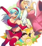  2girls :d android_18 aqua_hair bare_shoulders belt black_belt blonde_hair blue_eyes bouncing_breasts bra_(dragon_ball) breasts bulma character_doll circle cleavage collarbone contrapposto detached_sleeves dragon_ball dragon_ball_gt dress earrings eyebrows_visible_through_hair facing_viewer feet_out_of_frame gradient gradient_background green_background groin hairband hat holding_hands hoop_earrings interlocked_fingers jewelry kuririn large_breasts long_hair looking_at_another looking_to_the_side marron midriff multiple_girls navel neck_ring ommmyoh open_mouth outstretched_arm pink_dress pink_headwear red_hairband red_legwear red_skirt sideboob simple_background skindentation skirt smile tank_top tareme thighhighs trunks_(dragon_ball) twintails vegeta white_background yellow_background 