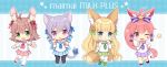  4girls :d ;d ahoge animal_ear_fluff animal_ears bangs bell black_legwear blue_bow blue_eyes blue_footwear blue_neckwear blue_skirt blush bow brown_hair cat_ears cat_girl cat_tail chestnut_mouth chibi closed_mouth commentary_request copyright_request eyebrows_visible_through_hair facial_mark food_themed_hair_ornament fox_ears fox_girl fox_tail green_eyes green_footwear green_neckwear green_skirt hair_between_eyes hair_bow hair_ornament hand_on_hip hand_up hands_up hitsuki_rei indoors jingle_bell long_hair looking_at_viewer multiple_girls one_eye_closed open_mouth pantyhose parted_lips pink_hair pink_skirt pleated_skirt ponytail purple_eyes purple_footwear purple_hair purple_neckwear purple_skirt red_neckwear sailor_collar school_uniform serafuku shirt short_eyebrows skirt smile standing star strawberry_hair_ornament striped striped_background striped_bow tail tail_bell tail_bow tassel thick_eyebrows thighhighs vertical-striped_background vertical_stripes very_long_hair white_legwear white_sailor_collar white_shirt 