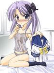  bed blue_eyes blush bow breasts camisole clothes_removed covered_nipples hair_bow hiiragi_kagami lingerie long_hair lucky_star masakichi_(crossroad) panties purple_hair ryouou_school_uniform school_uniform see-through serafuku sitting small_breasts socks solo strap_slip underwear underwear_only yellow_neckwear 