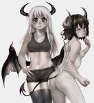  2015 black_hair blue_eyes breasts bustier butt clothed clothing demon duo eroknight female grey_skin hair hand_on_hip horn humanoid legwear long_hair membranous_wings midriff multicolored_hair navel not_furry one_eye_closed panties pink_hair red_eyes shirt short_hair shorts small_breasts spade_tail tank_top thigh_highs underwear white_hair wings wink 