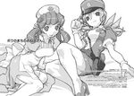  arms_behind_back greyscale gun hair_rings handgun hat high_heels holding holster joy_(pokemon) junsaa_(pokemon) monochrome multiple_girls najimi_shin nurse nurse_cap partially_translated pokemon pokemon_(anime) police police_hat police_uniform policewoman shoes simple_background translation_request uniform weapon white_background 