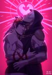 2boys absurdres artist_name black_hair black_nails closed_eyes crestren dated greek_clothes hades_(game) hand_on_another&#039;s_head heart highres hood hug laurel_crown male_focus multiple_boys muscular muscular_male pink_background silver_hair smile thanatos_(hades) valentine yaoi zagreus_(hades) 