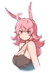  1girl ahoge akizora animal_ears black_tank_top blush breasts cleavage closed_mouth fate/grand_order fate_(series) highres hildr_(fate) large_breasts long_hair looking_at_viewer messy_hair pink_eyes pink_hair simple_background smile solo tank_top upper_body valkyrie_(fate) white_background 