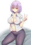  1girl absurdres arm_at_side bangs black_panties breasts cleavage closed_mouth collared_shirt commentary eyebrows_visible_through_hair gridman_universe hand_up highres large_breasts looking_at_viewer navel panties panties_under_pantyhose pantyhose purple_hair purple_legwear red_eyes shinjou_akane shirt short_hair sitting smile solo ssss.gridman underwear v white-framed_eyewear xperiajoker 