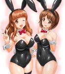  2girls animal_ears bangs black_legwear black_leotard blunt_bangs bow bowtie breasts brown_eyes brown_hair bunny_ears bunny_tail cleavage cocoa_(cocoa0191) collarbone commentary_request covered_nipples cowboy_shot detached_collar eyebrows_visible_through_hair fishnet_legwear fishnets girls_und_panzer gradient gradient_background large_breasts leotard long_hair looking_at_viewer medium_breasts multiple_girls nishizumi_miho pantyhose playboy_bunny red_neckwear short_hair skindentation standing strapless strapless_leotard tail takebe_saori thighhighs v white_background wrist_cuffs 