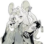  1girl :d animal_ears bag bandaged_arm bandages blue_archive bow breasts china_dress chinese_clothes ddari dress ear_tag fang fingernails greyscale hand_up highres holding jewelry long_hair looking_at_viewer monochrome mouse_ears ojou-sama_pose open_mouth radiation_symbol ring saya_(blue_archive) shoulder_bag simple_background skin_fang small_breasts smile solo white_background 