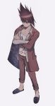  1boy bangs bojue_(hakus_1128) brown_hair collarbone commentary_request crossed_arms danganronpa_(series) danganronpa_v3:_killing_harmony facial_hair full_body grey_shirt highres jacket long_sleeves looking_at_viewer male_focus momota_kaito open_clothes open_shirt pants pink_jacket pink_pants print_shirt shirt shoes short_hair simple_background solo space_print spiked_hair standing starry_sky_print white_background white_shirt 