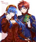  1boy 1girl bangs blue_eyes blue_hair blue_headband blue_jacket box breasts cleavage commentary dated dress english_commentary fire_emblem fire_emblem:_the_binding_blade gift gift_box gloves gradient gradient_background hair_between_eyes happy_tears headband highres holding holding_box jacket juliet_sleeves lilina_(fire_emblem) long_hair long_sleeves looking_at_viewer puffy_sleeves red_dress red_hair roy_(fire_emblem) shinae short_hair smile tears upper_body white_background white_gloves 