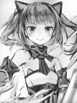  1girl animal_ears bare_shoulders blush breasts cat_ears closed_mouth copyright_request detached_sleeves floating_hair greyscale highres looking_at_viewer mechanical_ears medium_hair mini_necktie monochrome nanashi_(nlo) small_breasts smile solo twintails upper_body 