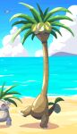  absurdres alolan_exeggutor alolan_form claws cloud commentary_request day exeggutor fangs gen_1_pokemon gen_3_pokemon gen_7_pokemon highres kareha_p no_humans open_mouth outdoors pokemon pokemon_(creature) sand shore sky standing standing_on_one_leg tongue water wingull 