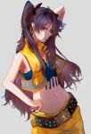  1girl arm_behind_head arm_strap arm_up armpits bare_shoulders belt black_bow black_hair bow closed_mouth collared_shirt cowboy_shot crop_top earrings fate/grand_order fate_(series) hair_bow hand_on_hip highres ishtar_(fate)_(all) jewelry long_hair looking_at_viewer looking_to_the_side navel open_clothes open_shirt red_eyes shirt shorts sideways_glance simple_background sleeveless solo space_ishtar_(fate) standing two_side_up yellow_shirt yellow_shorts yusuli- 