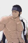  1boy abs ainu_clothes bara bare_pecs black_hair buzz_cut chachi_(soulga) chest_hair facial_hair golden_kamuy hairy headband large_pectorals looking_to_the_side male_focus mature_male muscular muscular_male navel navel_hair nipples open_clothes short_hair sideburns simple_background solo stomach stubble tanigaki_genjirou thick_eyebrows very_short_hair wet 