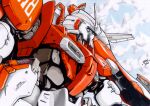  asplenia_studios blue_eyes cloud english_commentary from_below from_side gundam gundam_sentinel looking_to_the_side mecha mobile_suit no_humans science_fiction solo v-fin zeta_plus 