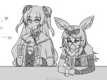  2girls ahoge animal_ears bow braid crazy_straw double_bun drinking_straw expressionless fox_ears hair_bow heart heart_straw hololive in_nose long_hair looking_to_the_side meatloaf momosuzu_nene monochrome multiple_girls omaru_polka twitter_username virtual_youtuber 