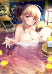  1girl barefoot blonde_hair blush breasts cleavage collarbone eyebrows_visible_through_hair food fruit hair_ornament happy holding knees looking_at_viewer maronie. medium_breasts medium_hair moe2021 multicolored multicolored_background naked_towel nude onsen original purple_eyes seiza simple_background sitting sitting_on_water smile solo towel tree two-tone_background water white_towel 