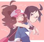  1boy 1girl ahoge antenna_hair baseball_cap blush brown_hair cheren_(pokemon) closed_eyes closed_mouth commentary_request eyelashes glasses happy hat heart high_ponytail highres hilda_(pokemon) hug hug_from_behind jacket long_hair looking_at_viewer ohds101 open_mouth outline pink_bag pokemon pokemon_(game) pokemon_bw shirt sidelocks smile tongue two-tone_headwear vest wristband |d 