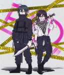  2boys ahoge alternate_costume bandaid bandaid_on_cheek bangs black_footwear black_gloves black_hair black_jacket black_pants boots bracelet checkered checkered_neckwear checkered_scarf clothes_around_waist danganronpa_(series) danganronpa_v3:_killing_harmony full_body gloves grey_shirt grin hair_between_eyes highres holding holding_weapon jacket jacket_around_waist jewelry knee_boots looking_at_viewer lysm425 male_focus mask mouth_mask multiple_boys ouma_kokichi over_shoulder pants pink_eyes ponytail purple_eyes saihara_shuuichi scarf shirt short_hair smile standing sword v weapon weapon_over_shoulder 